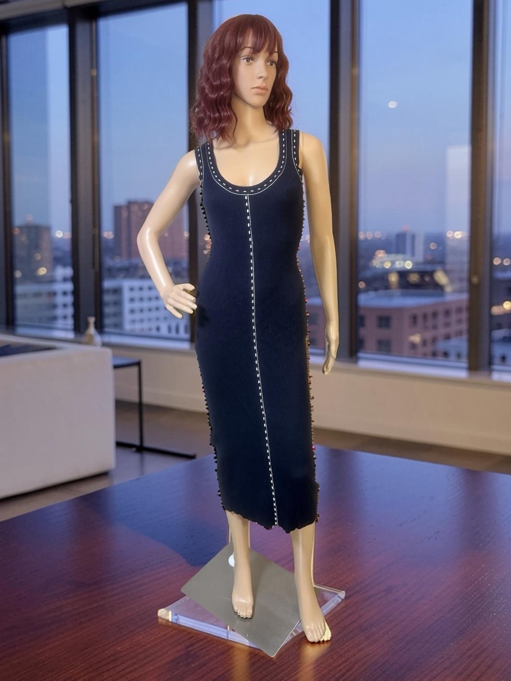 House of Harlow 1960 Sz M Navy Ribbed Midi Dress with Contrast Trim (0836)
